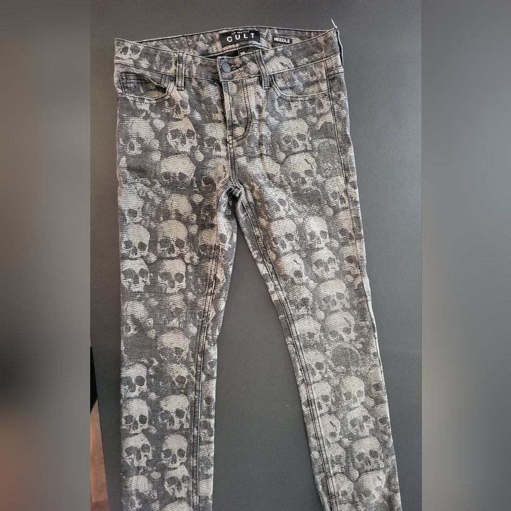 Lip Service Skull Print Skinny Jeans - Black and Gray 'Vintage Cult Lip Service'
